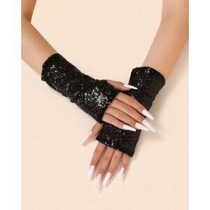 Women’s Black Sequin Fingerless Gloves – Sparkly Wrist-Length Thumb Hole Gloves